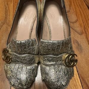 Gold metallic double G, Gucci pumps with 2 inch heal